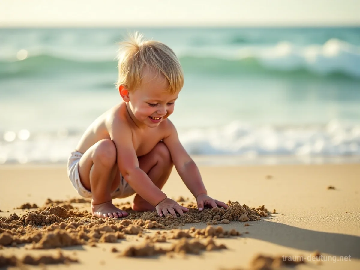 Ein Kind spielt fröhlich mit Sand an einem sonnigen Strand.
