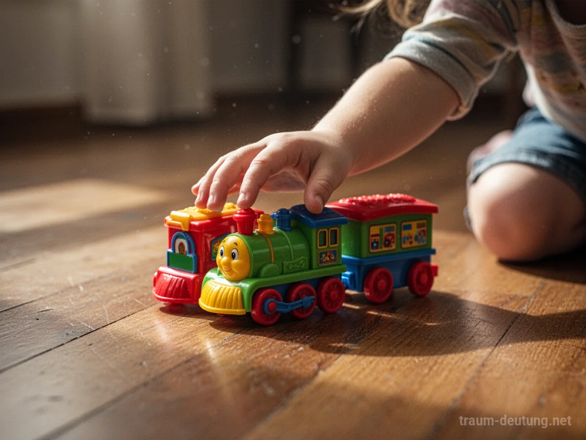 Kinderhand berührt buntes Spielzeugauto auf Holzboden