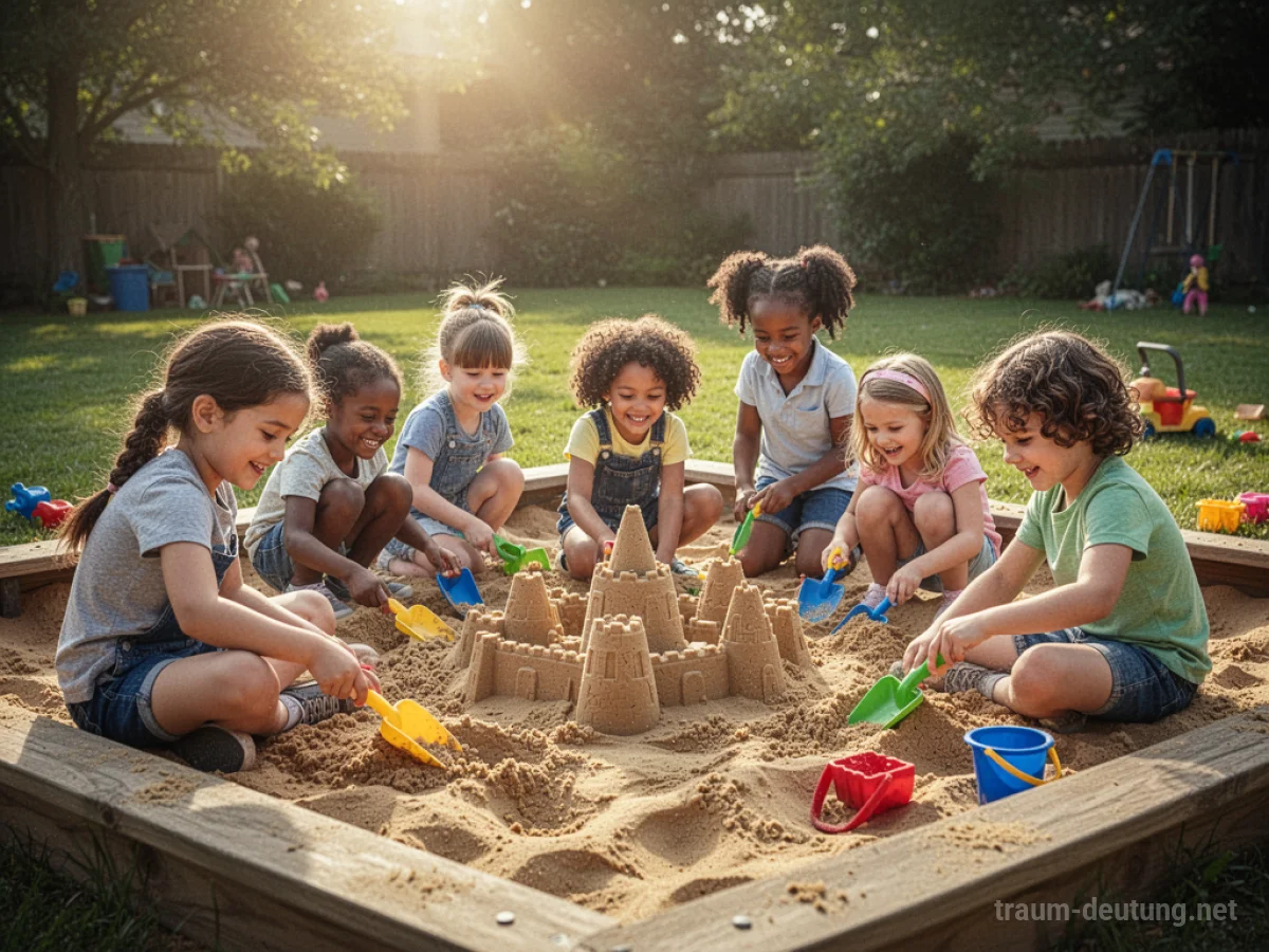 Kinder spielen fröhlich im Sandkasten unter blauem Himmel