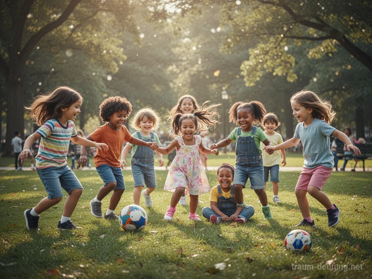 Kinder spielen ausgelassen im Sonnenschein auf einer grünen Wiese.