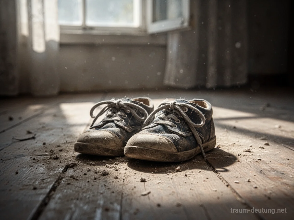 Ein Paar kleine, abgetragene Kinderschuhe stehen auf einem Holzboden im Sonnenlicht.