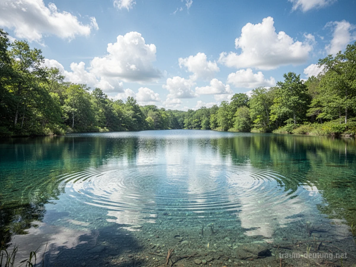 Ein spiegelglatter, klarer See unter blauem Himmel mit Bäumen am Ufer.
