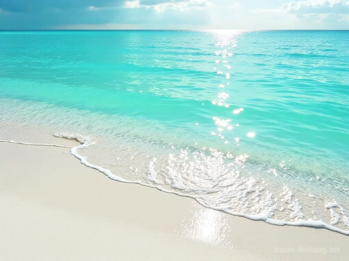 Klarer Strand mit ruhigem, türkisfarbenem Wasser und weißem Sand unter strahlender Sonne.
