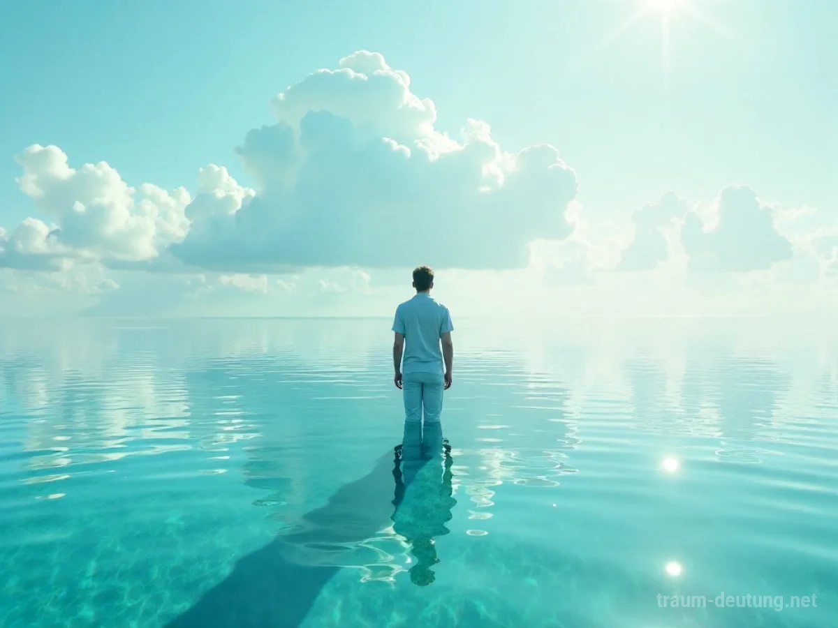 Eine Person blickt auf klares Wasser, das den Himmel spiegelt.