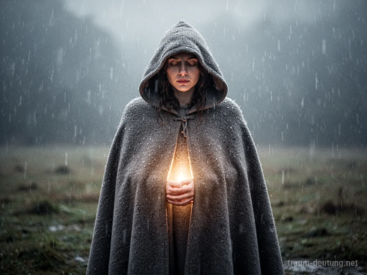 Eine Person, die einen schützenden Umhang trägt, während sanfter Regen fällt.