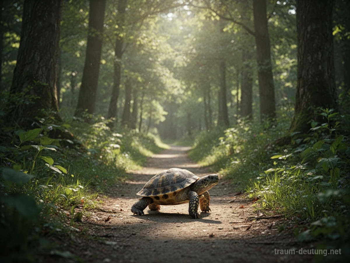 Kleine Schildkröte bewegt sich langsam über einen grünen Waldweg.