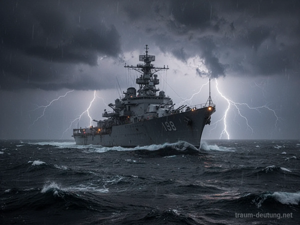 Ein großes Kriegsschiff fährt auf einem stürmischen Meer.