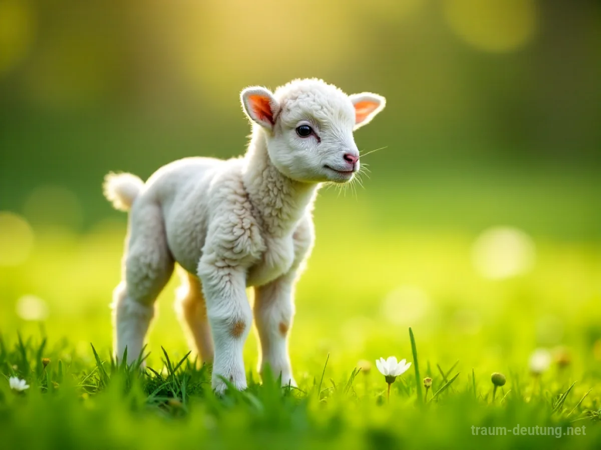 Ein kleines, flauschiges weißes Lamm steht auf einer sonnigen Wiese.