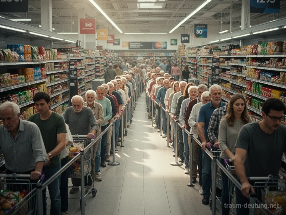 Eine lange Schlange von Menschen wartet in einem Supermarkt.