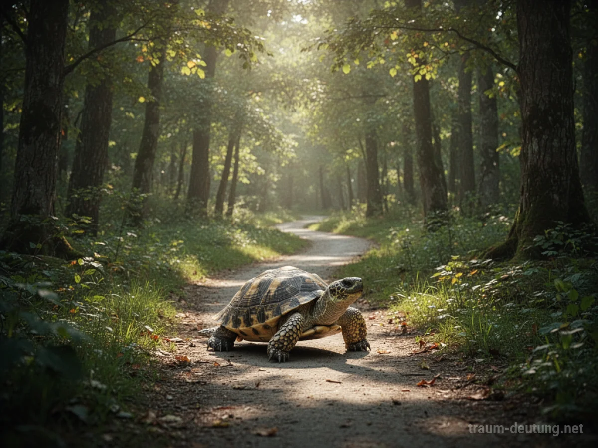 Langsame Schildkröte auf einem Pfad im Wald