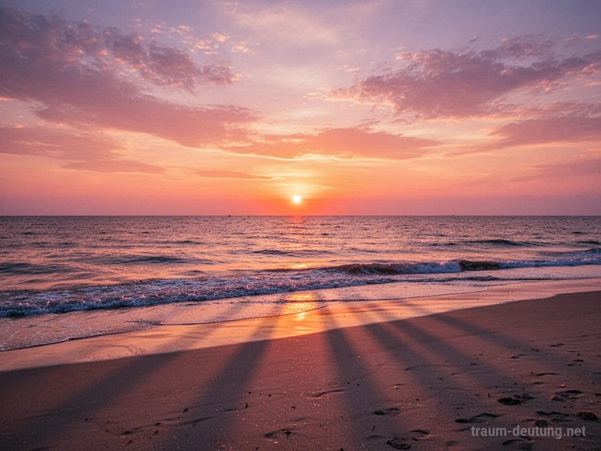 Ein langsamer, farbenprächtiger Sonnenuntergang über dem Meer mit langen Schatten am Strand.
