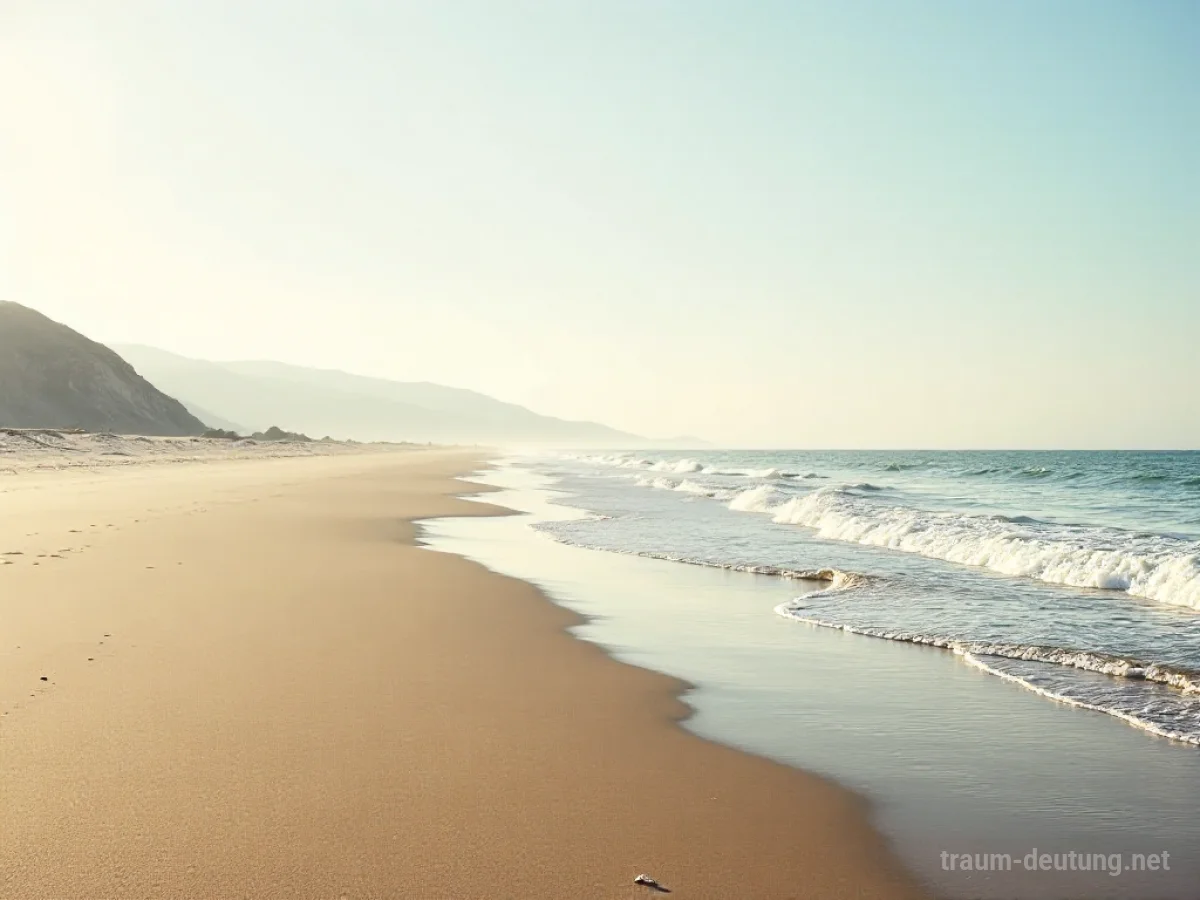 Ein weiter, leerer Strand mit sanften Wellen unter hellem Himmel.