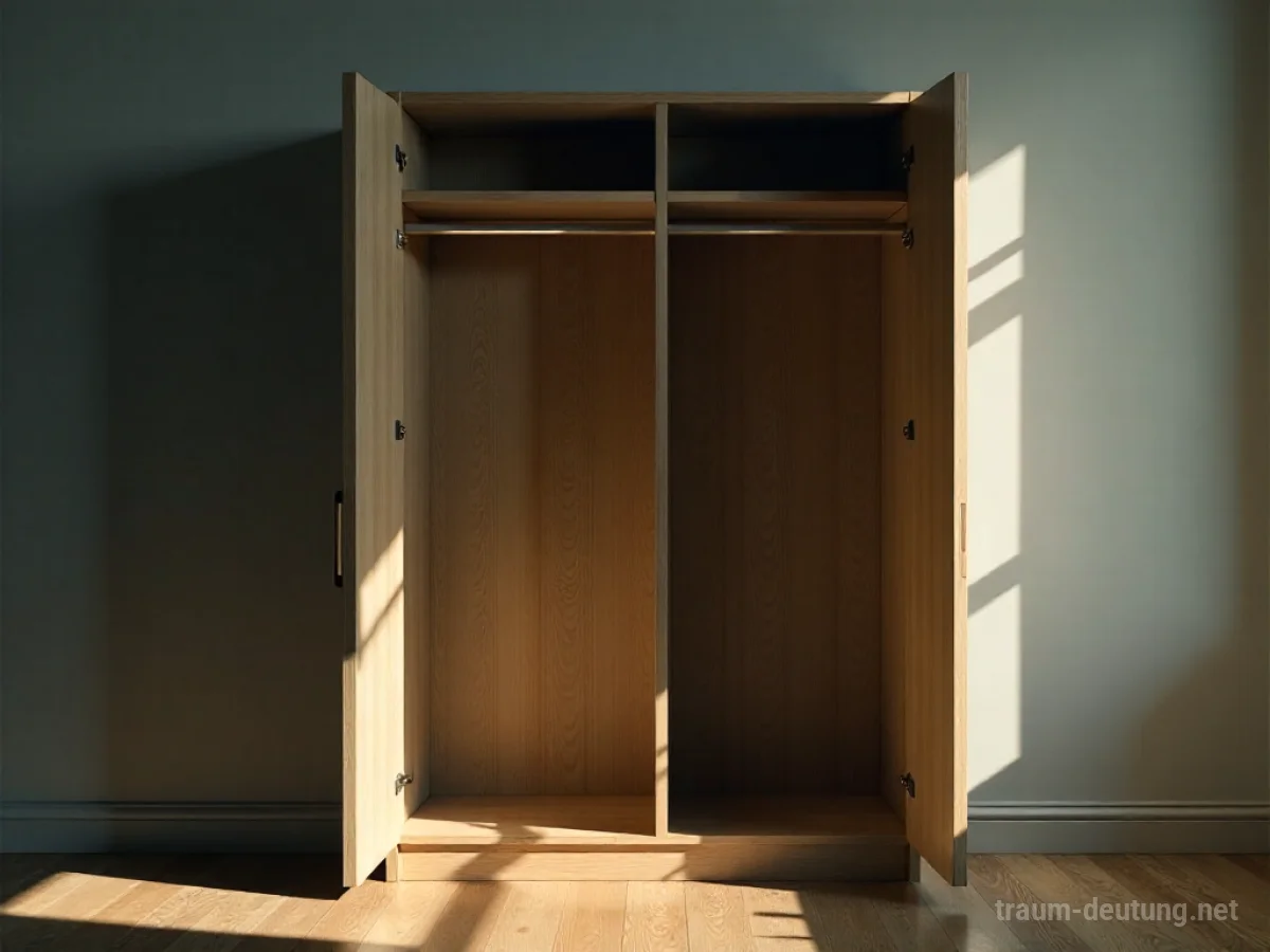 Ein offener, leerer Kleiderschrank mit Kleiderbügeln.