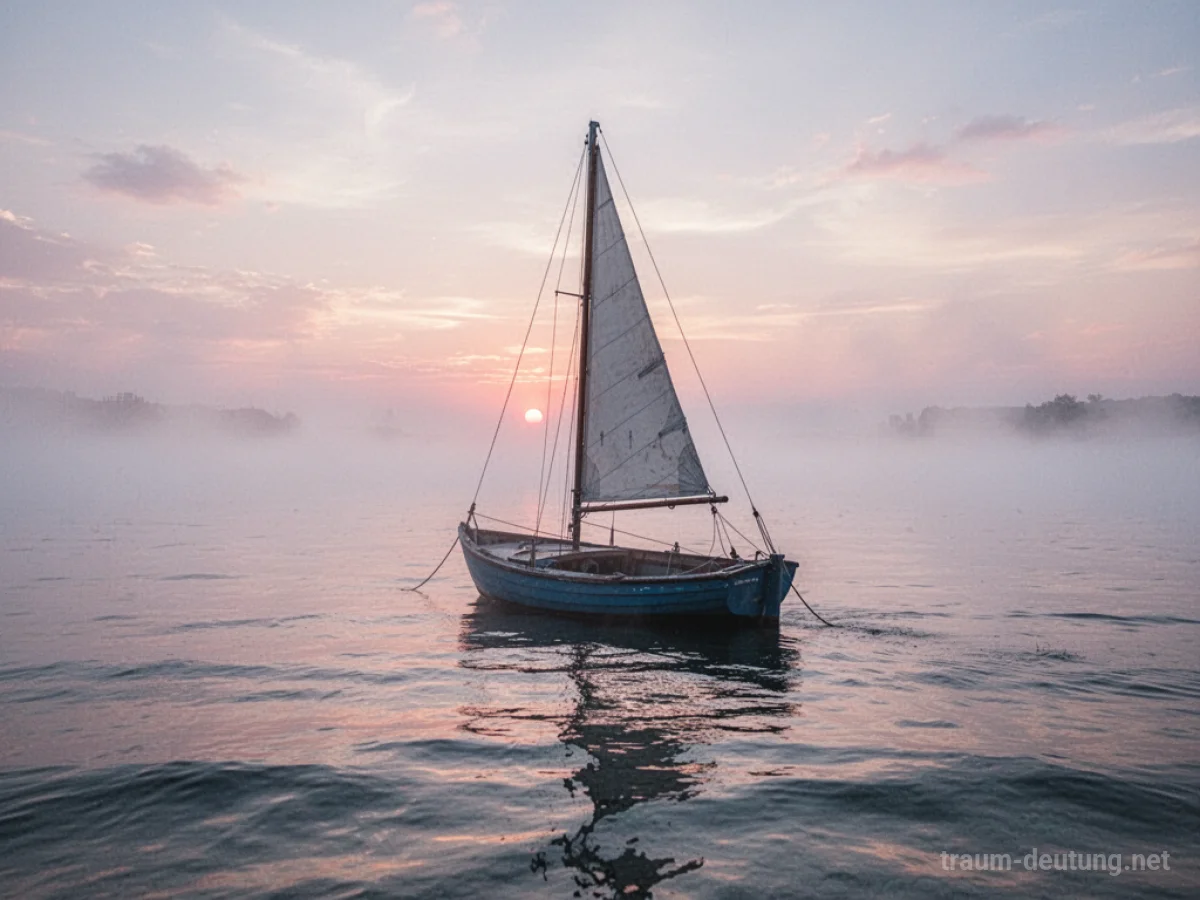 Ein leeres Segelboot treibt auf ruhiger See im Morgengrauen.