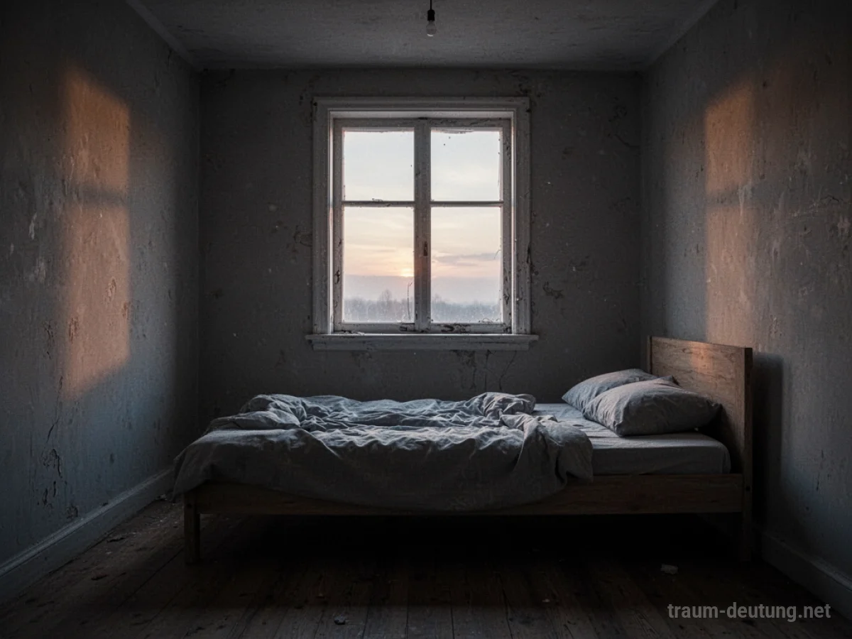 Ein leeres Schlafzimmer mit einem Bett und einem Fenster, durch das Morgendämmerung scheint.