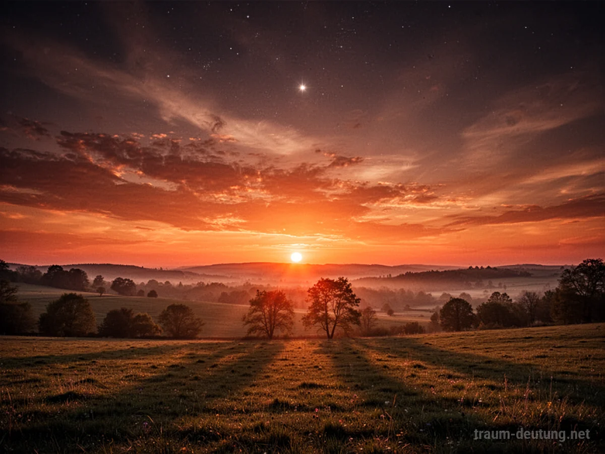 Ein dramatischer letzter Sonnenuntergang mit langen Schatten über einer Landschaft.
