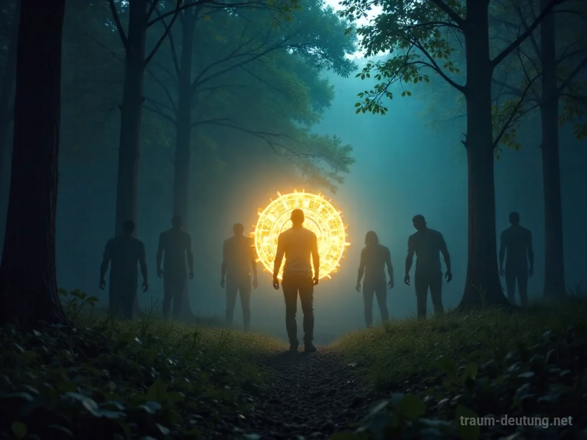 Leuchtendes Schild schützt Person im Wald vor Schattenwesen