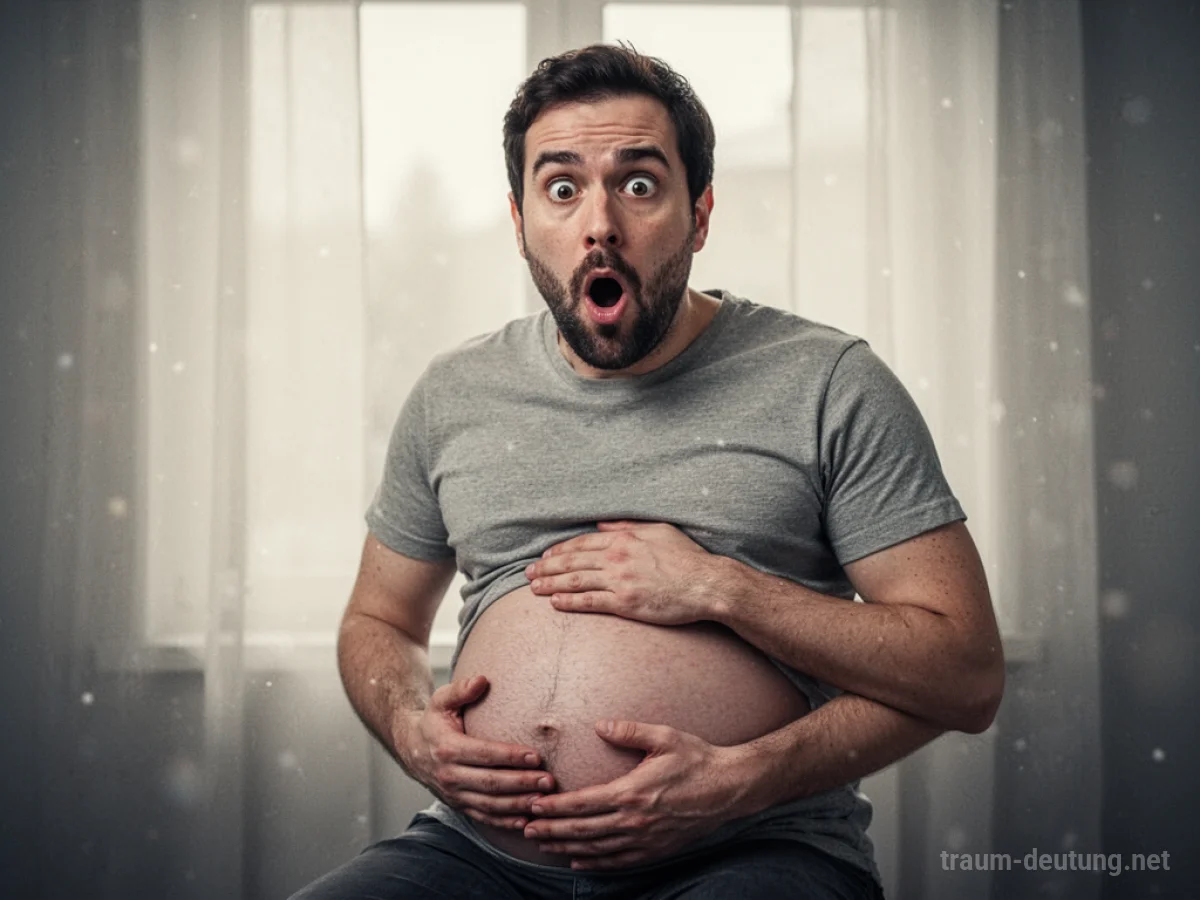 Ein Mann mit überraschtem Gesichtsausdruck, der seinen schwangeren Bauch betrachtet.