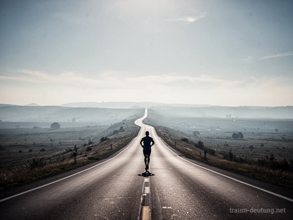 Läufer als Silhouette auf langer Straße Richtung Horizont