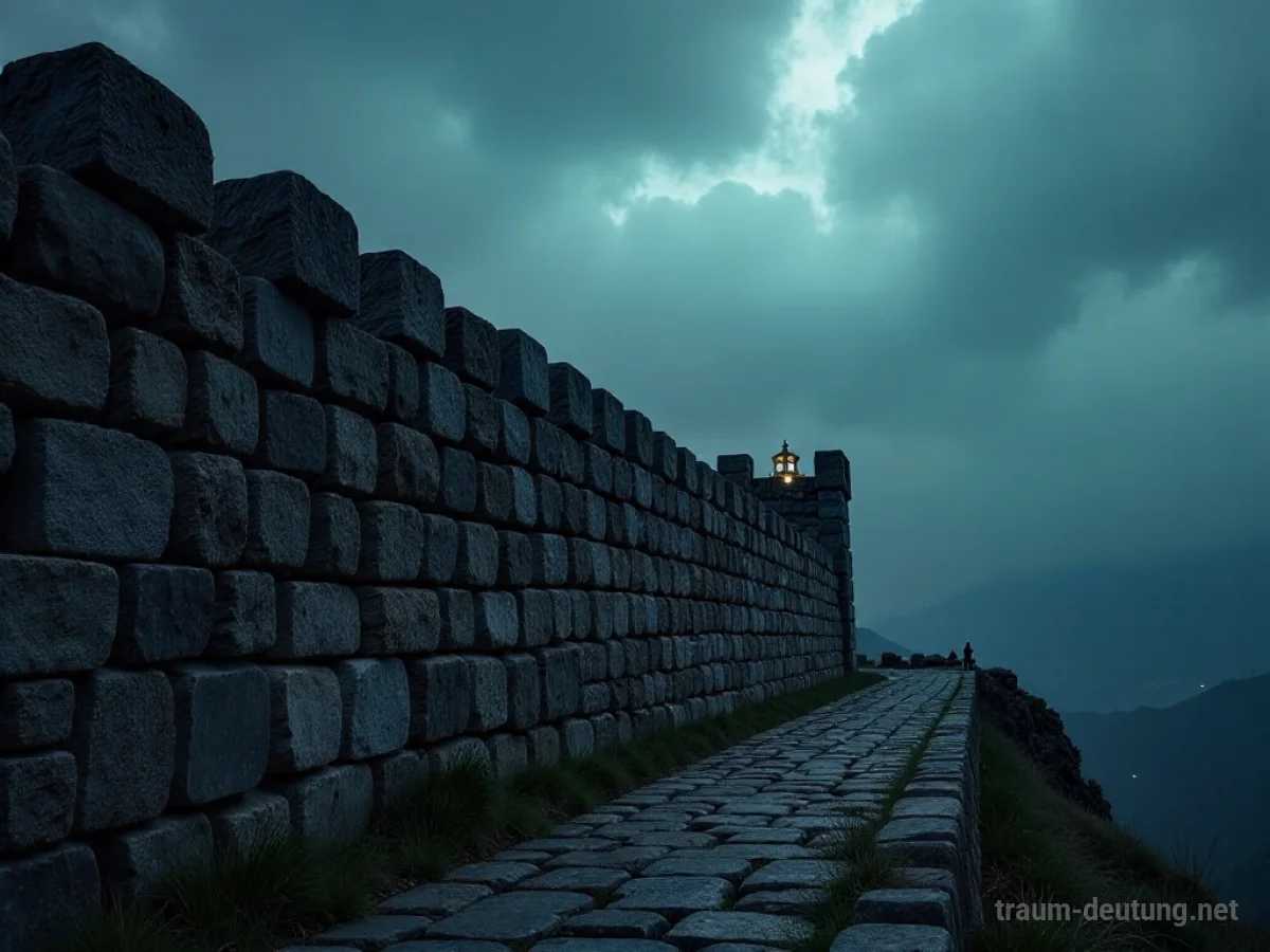 Eine hohe Steinmauer mit einem Lichtschein dahinter