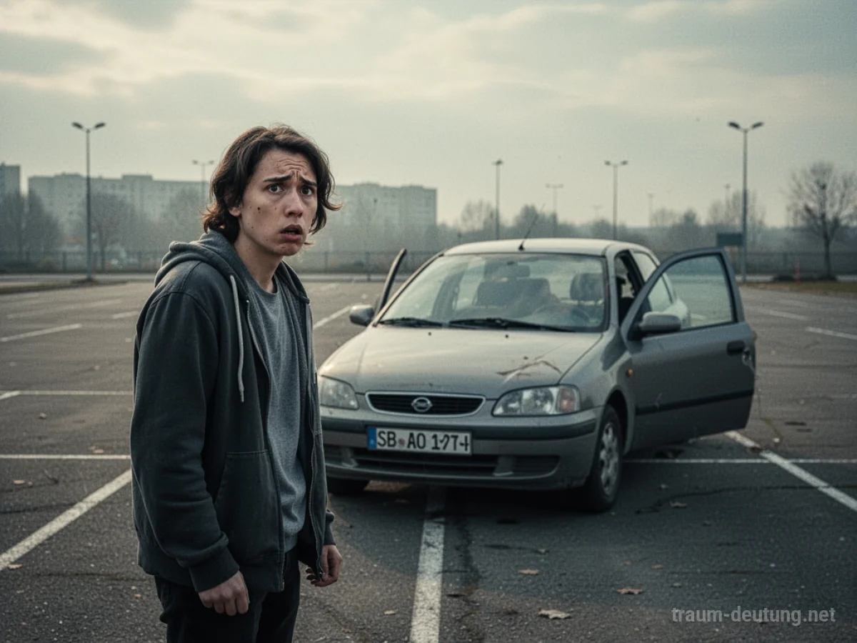 Eine Person sucht verwirrt nach ihrem Auto auf einem leeren Parkplatz.
