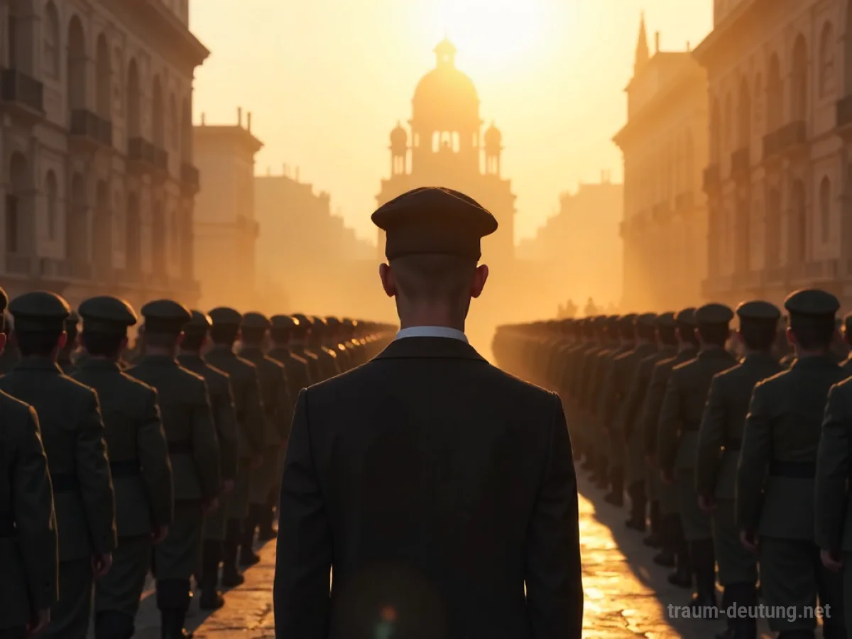 Silhouette einer Person, die vor einer Militärparade steht und nachdenklich wirkt.