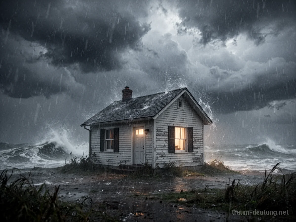 Ein kleines Haus trotzt einem wütenden Sturm mit Regen und Wind.
