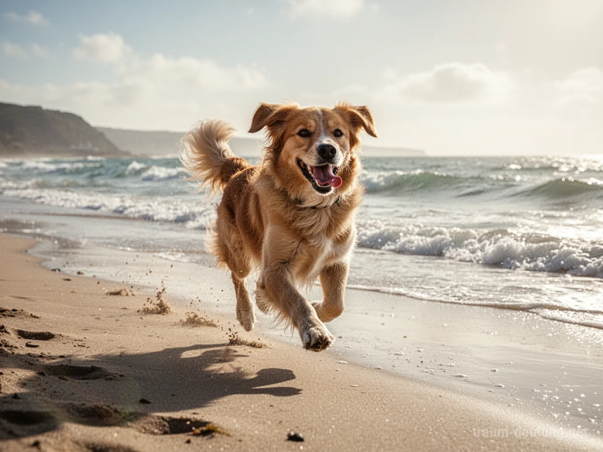 Ein Hund rennt glücklich an einem sonnigen Strand.