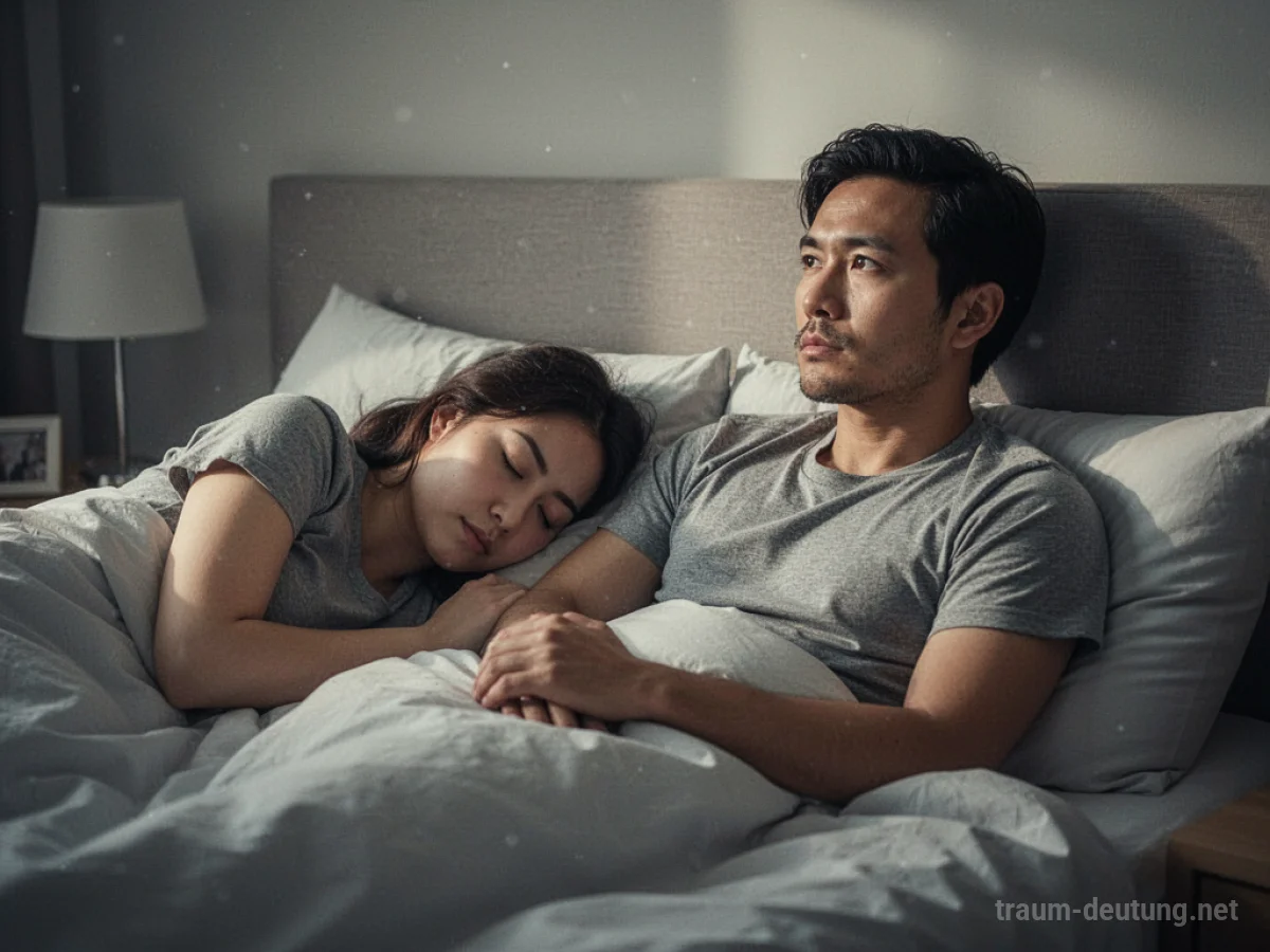 Ein Partner schläft im Bett, während der andere wach liegt und nachdenklich in die Ferne blickt.