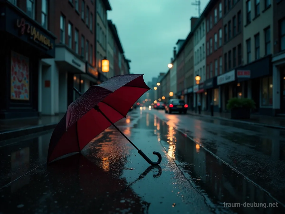Ein kaputter Schirm liegt auf nasser Straße im Regen.