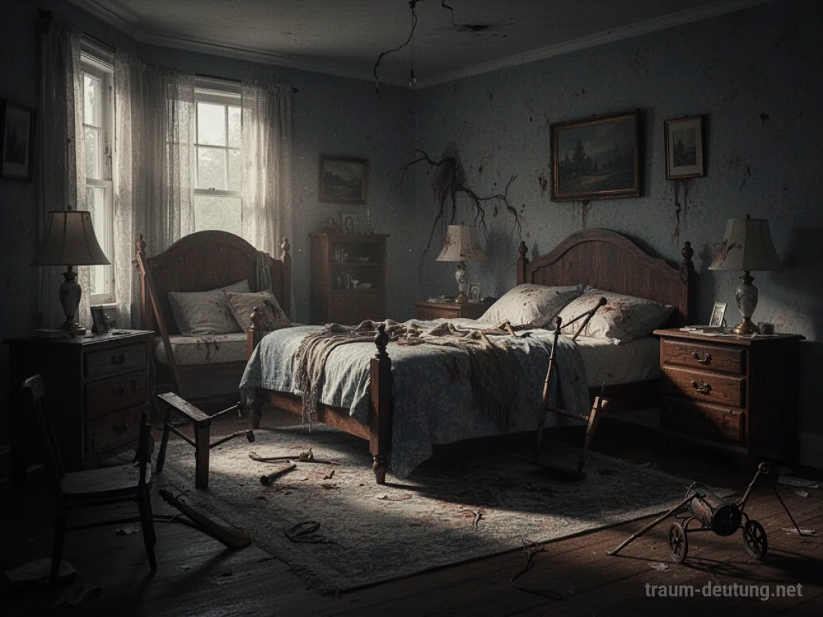Ein dunkles Schlafzimmer mit seltsam arrangierten Möbeln und langen Schatten.