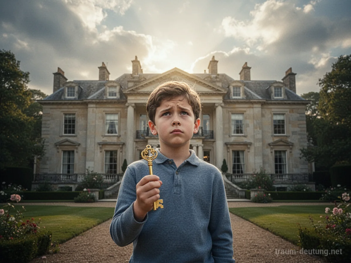 Ein Sohn steht vor einem luxuriösen Haus mit einer goldenen Schlüssel in der Hand.