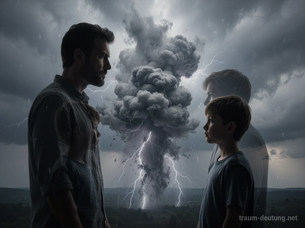 Vater und Sohn stehen sich gegenüber, symbolisch getrennt durch eine stürmische Wolke.