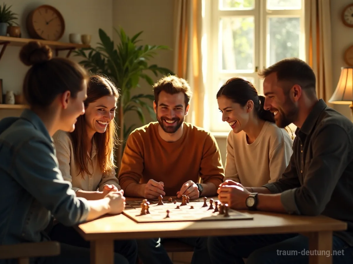 Freunde spielen gemeinsam lachend ein Brettspiel in einem hellen Wohnzimmer.