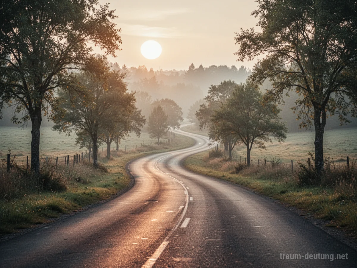 Vertraute Heimatstraße führt durch eine sonnige Landschaft.