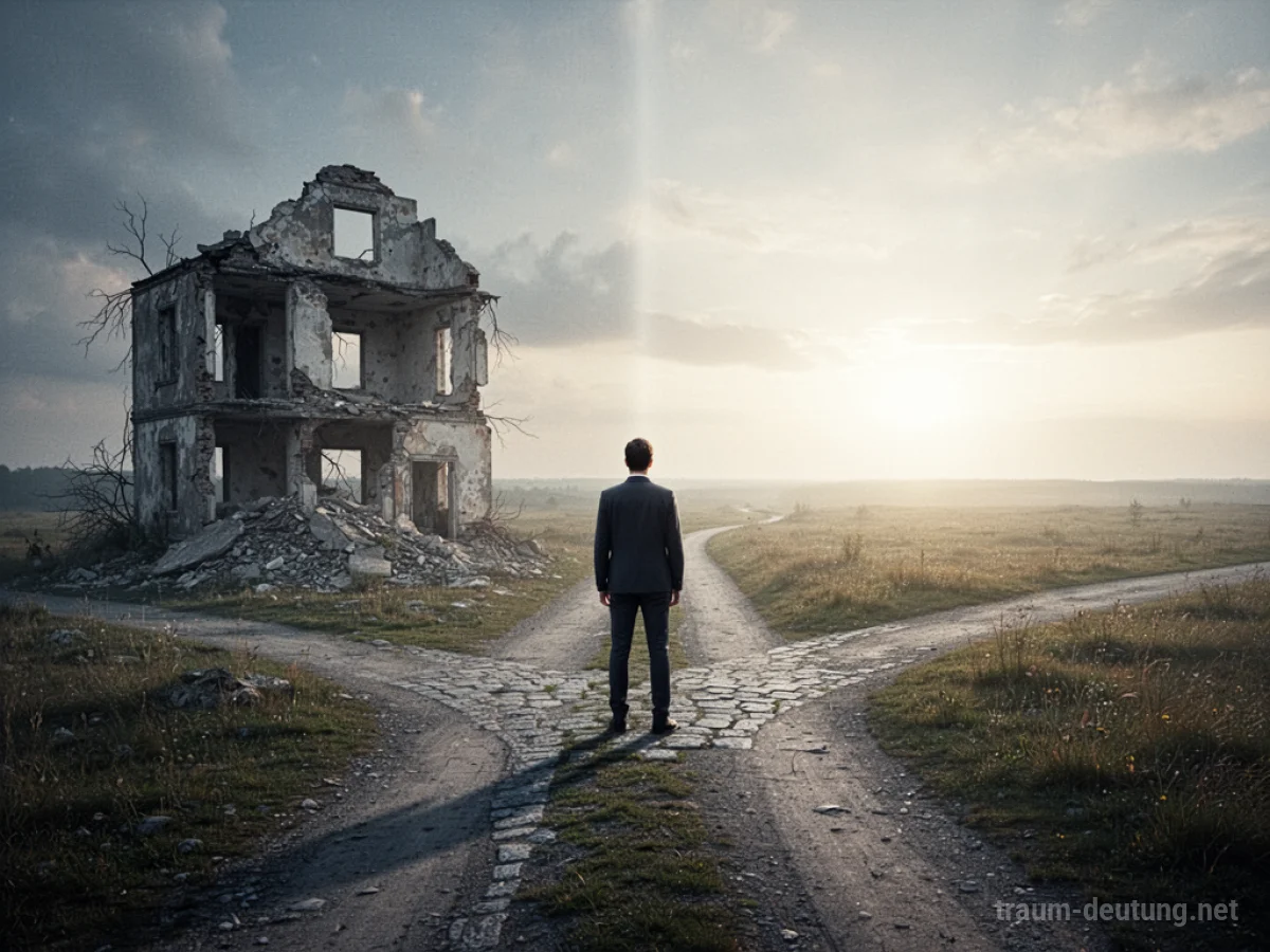 Eine einsame Person steht an einer Weggabelung, mit einem zerfallenden Gebäude auf einem Weg und einem hellen Horizont auf dem anderen.