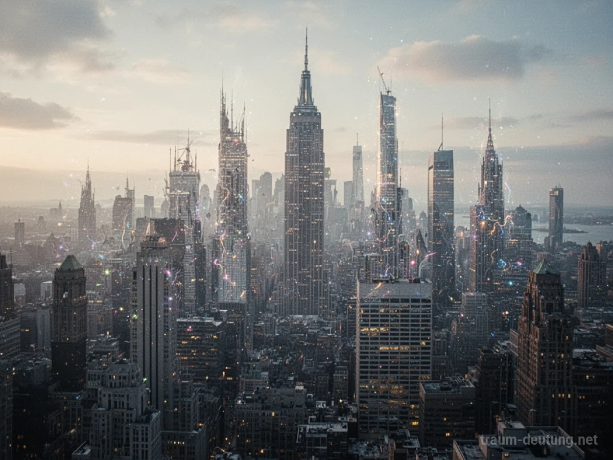 Eine Stadt, deren Gebäude sich langsam in ihrer Form wandeln, umgeben von sanftem Licht.