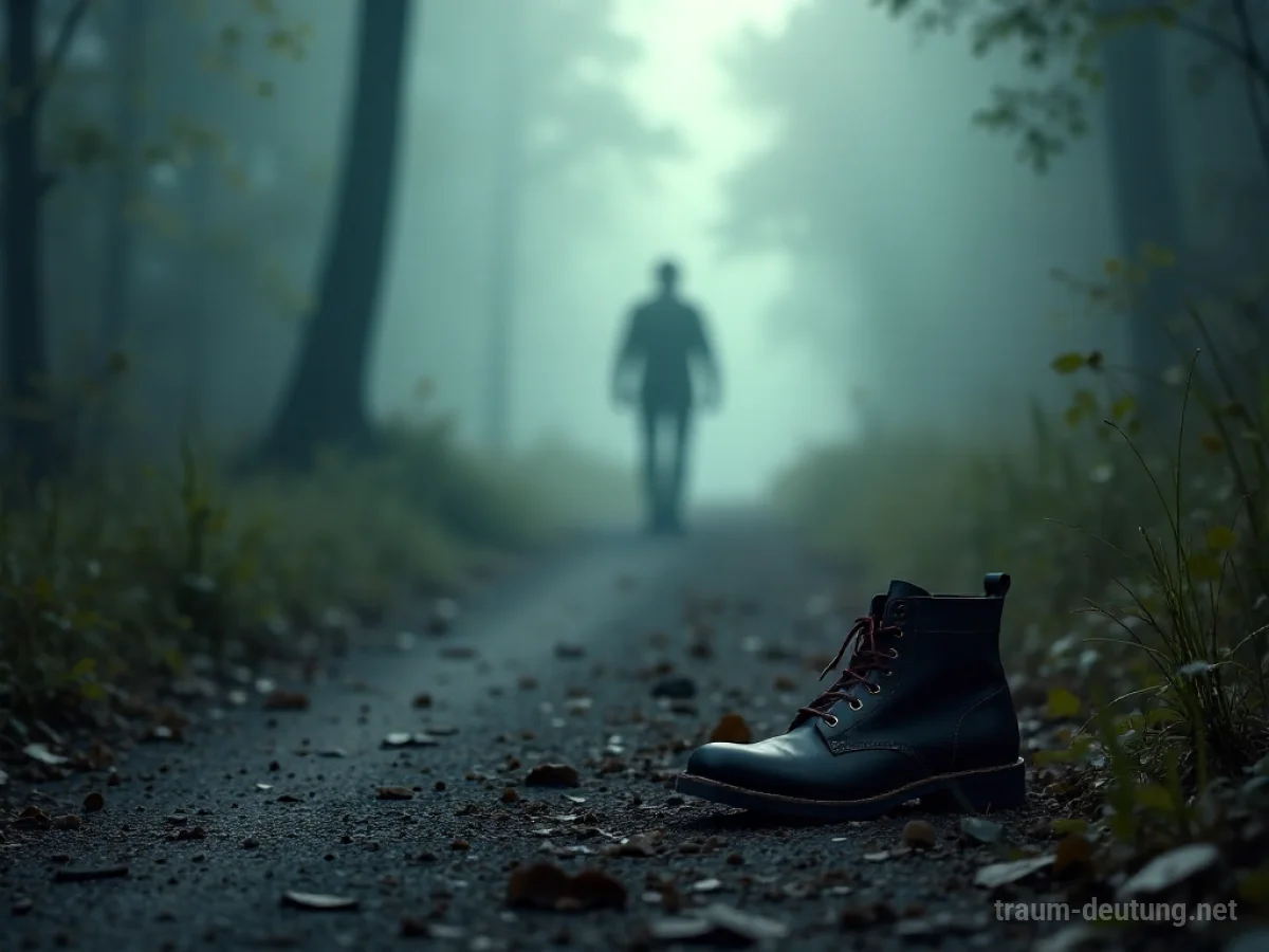 Verlorene Stiefel auf einem Weg, der im Nebel verschwindet.