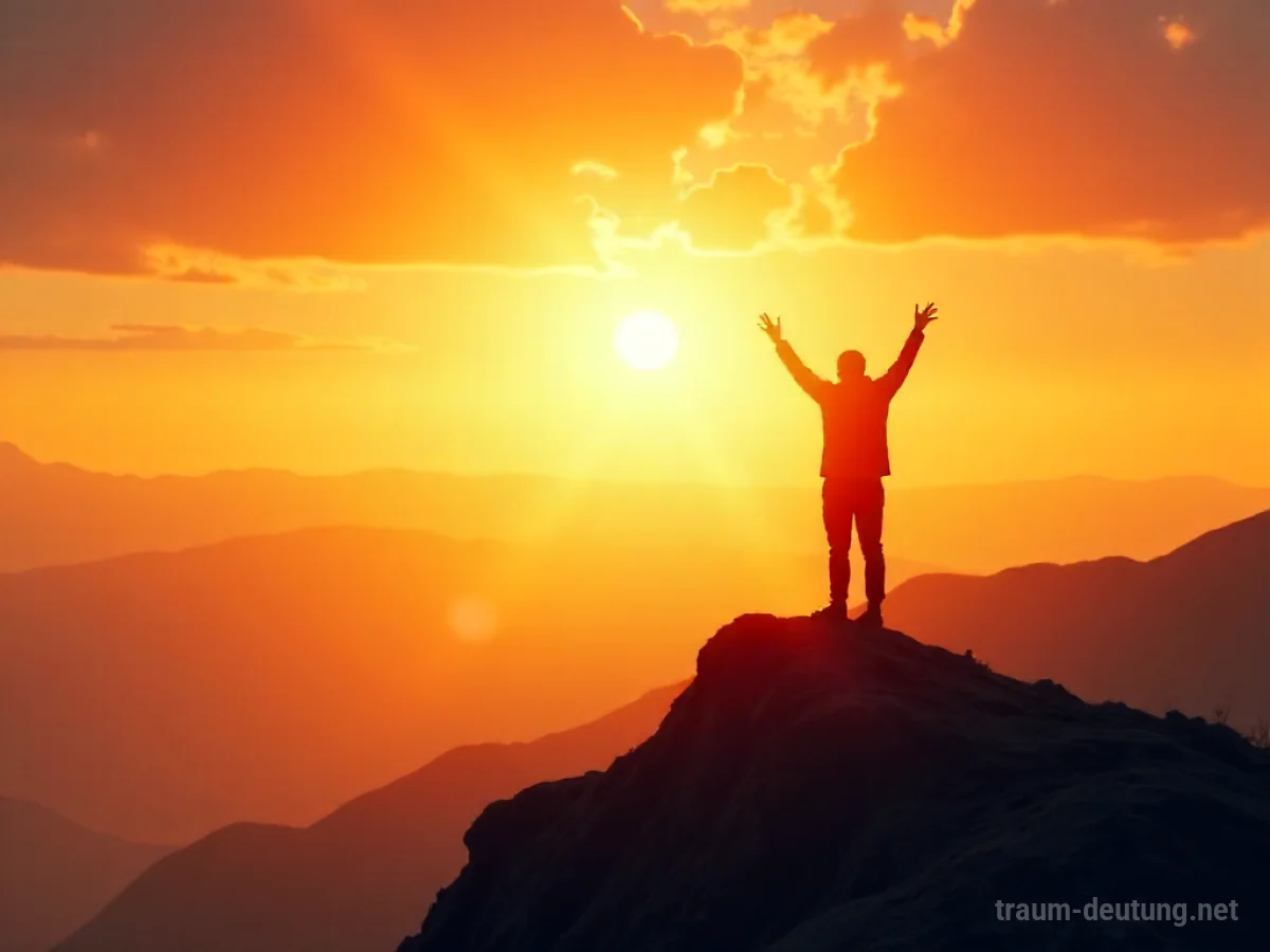 Silhouette einer Person auf einem Berggipfel im Sonnenaufgang, Arme zum Zeichen des Sieges erhoben.