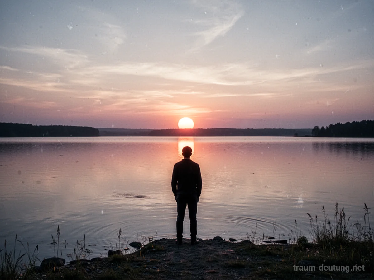 Eine Person steht am Ufer eines Sees und blickt auf den Sonnenaufgang.