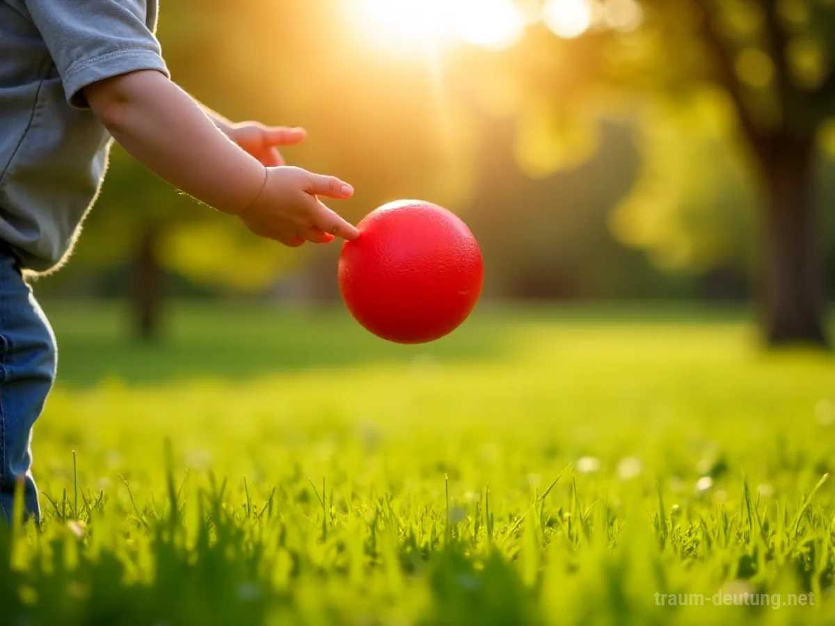 Kinderspiel mit einem roten Ball auf einer grünen Wiese.
