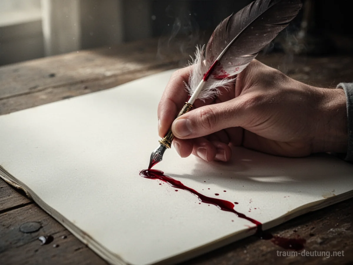 Hand schreibt mit roter Tinte, die Blut ähnelt, auf einem Blatt Papier.