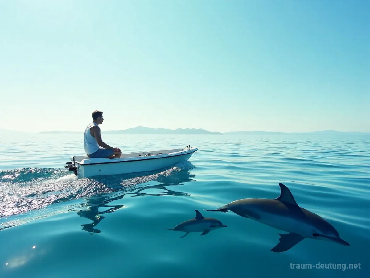 Eine Person segelt auf ruhigem Wasser, begleitet von Delfinen unter blauem Himmel.