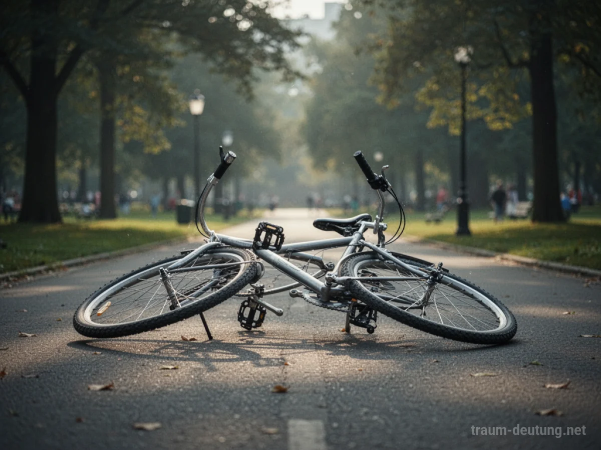 Umgekipptes Fahrrad auf einer Straße, im Hintergrund ein Park.