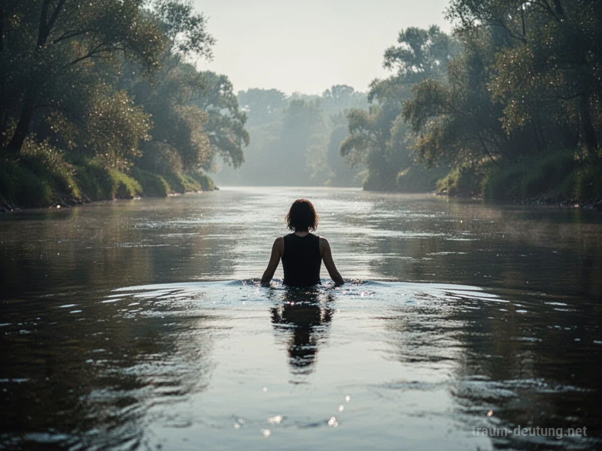 Silhouette einer Person, die auf einem ruhigen Fluss treibt