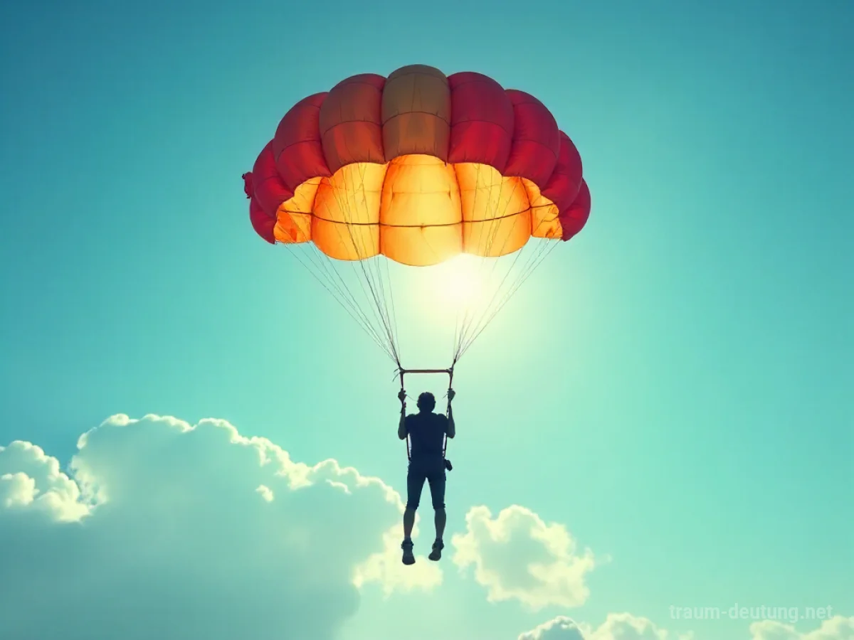 Person mit einem bunten Fallschirm, die sanft vom Himmel herabschwebt.