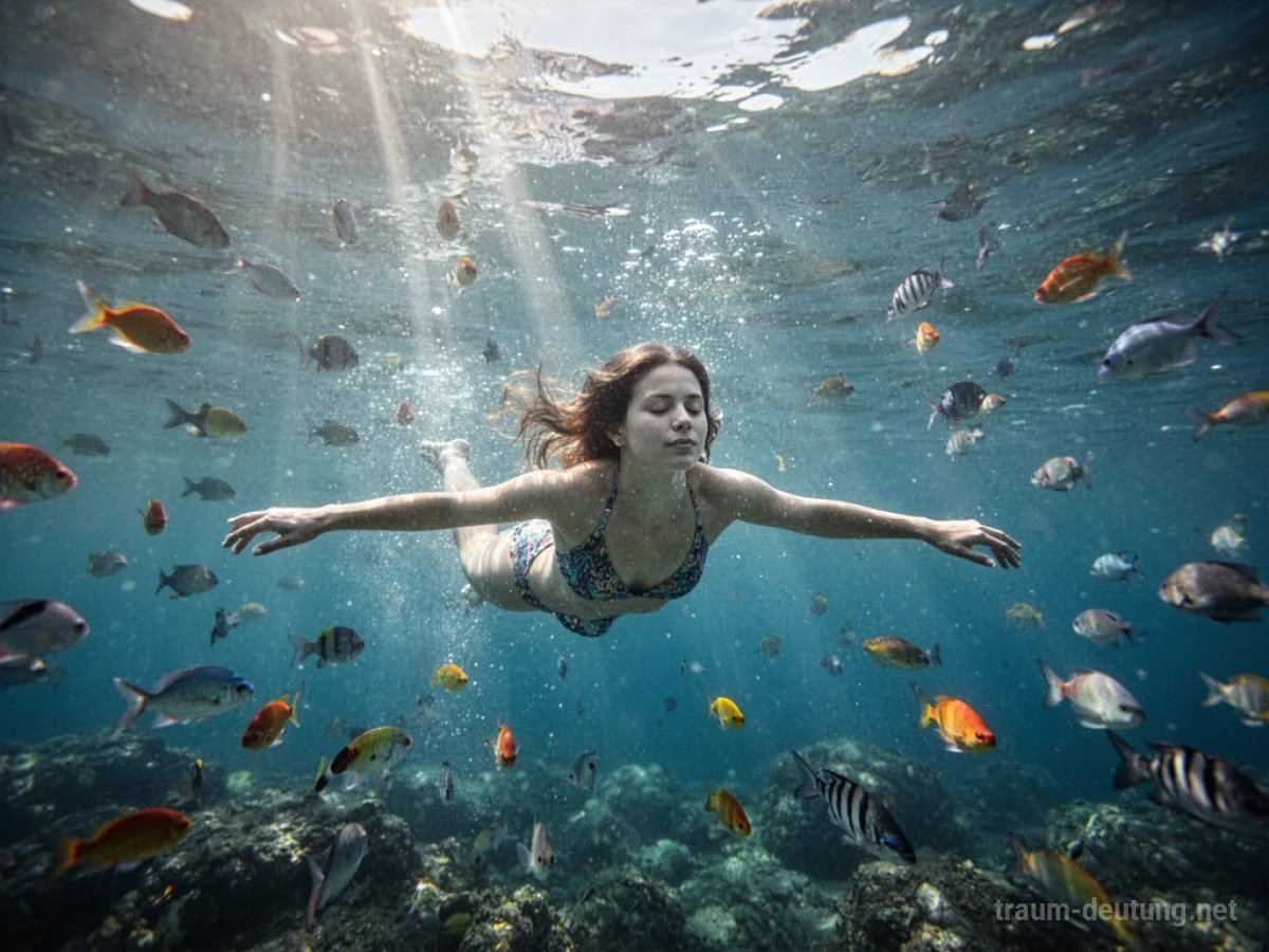 Eine Person schwimmt friedlich mit bunten Fischen in klarem Wasser.