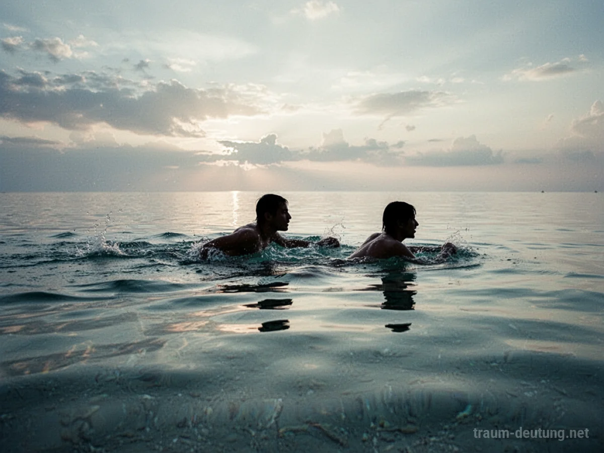 Zwei Silhouetten schwimmen Seite an Seite in klarem Wasser.