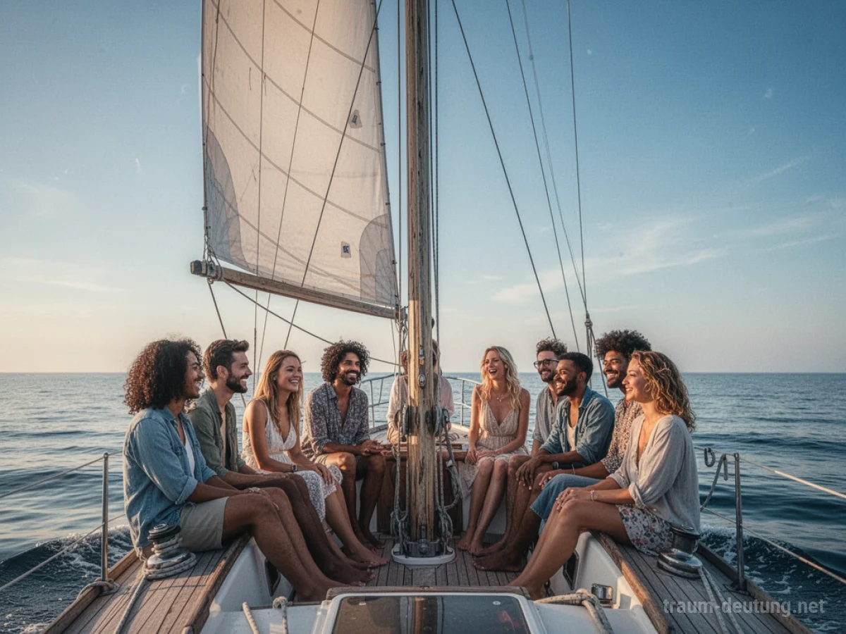 Freunde segeln gemeinsam auf dem Meer bei Sonnenschein