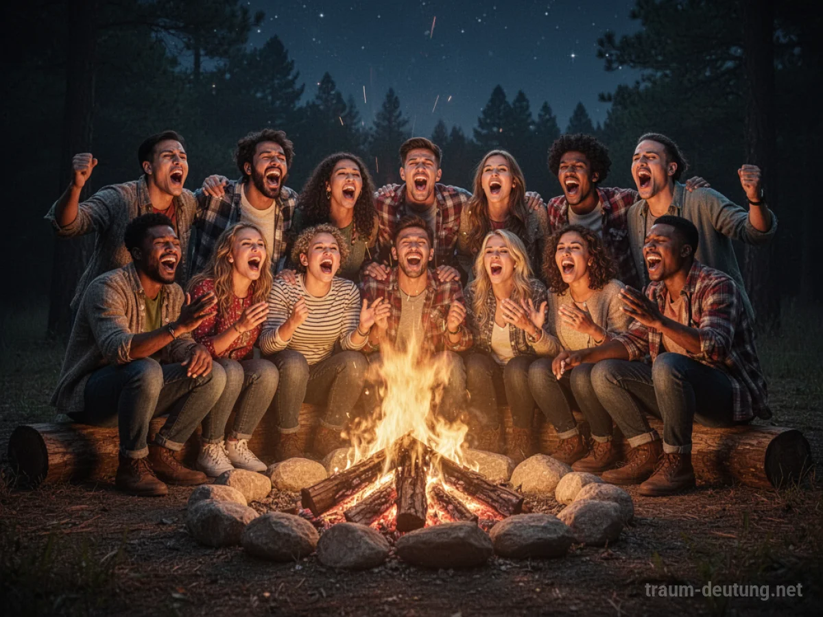 Gruppe von Freunden singt gemeinsam bei einem Lagerfeuer